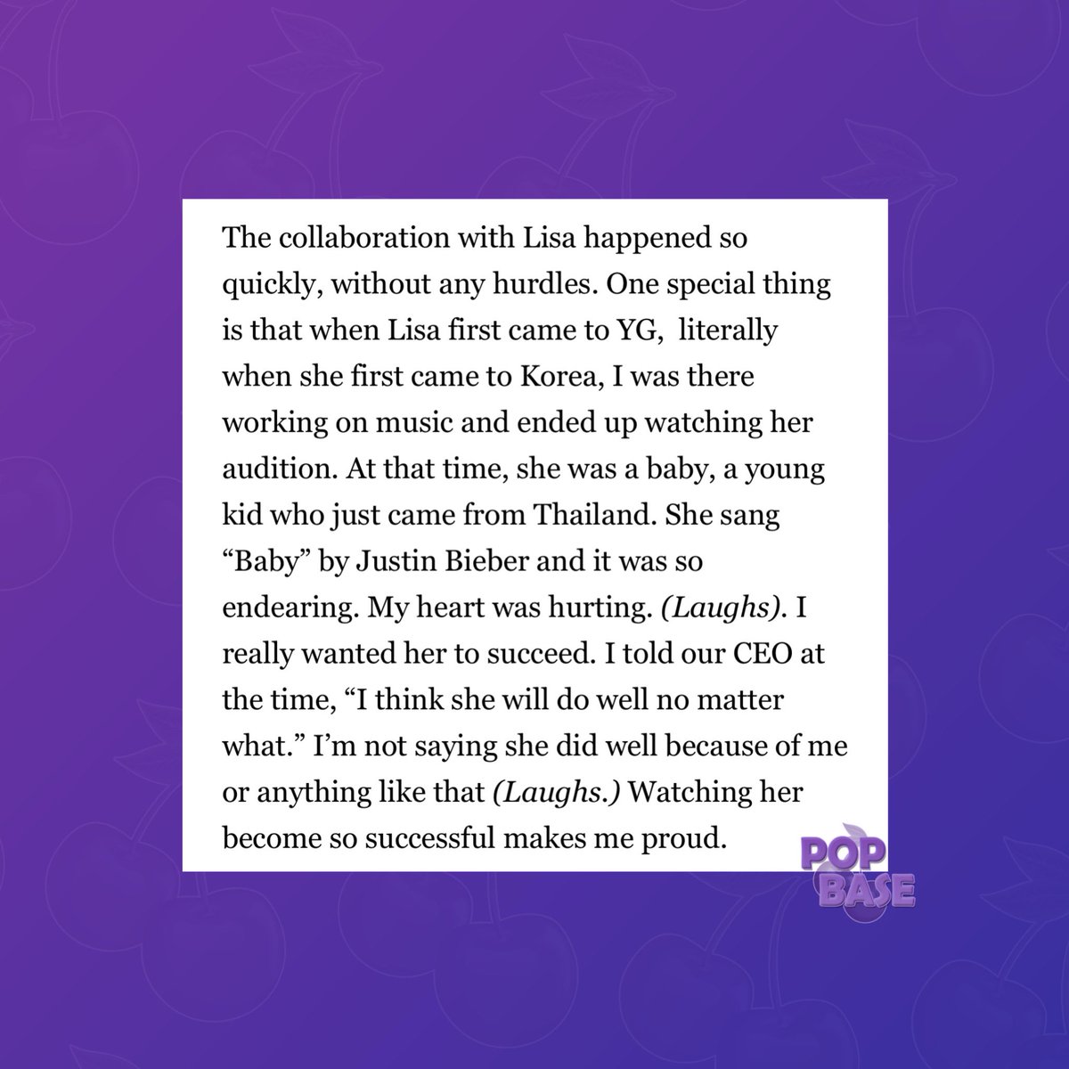 Taeyang recalls the time he first saw BLACKPINK's Lisa at the YG Ent. auditions:

“At that time, she was a baby, a young kid who just came from Thailand. (...) I really wanted her to succeed. I told our CEO at the time, “I think she will do well no matter what.” I’m not saying…