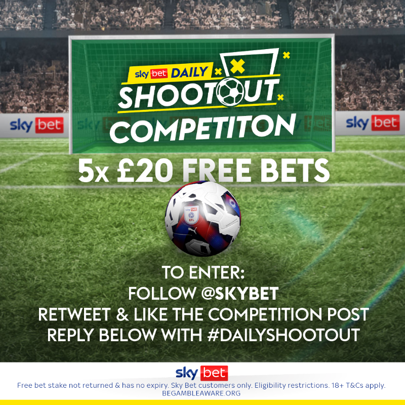 SkyBet's tweet photo. Daily Shootout is BACK! 🥅🙌

To celebrate, we are giving away five £20 free bets 💷

Here is how you can enter 👇

▪️ Follow @SkyBet 
▪️ Retweet &amp; like this post
▪️ Reply below with #DailyShootout

Winners will be announced after 12pm on Wednesday 26th April, good luck 🤞