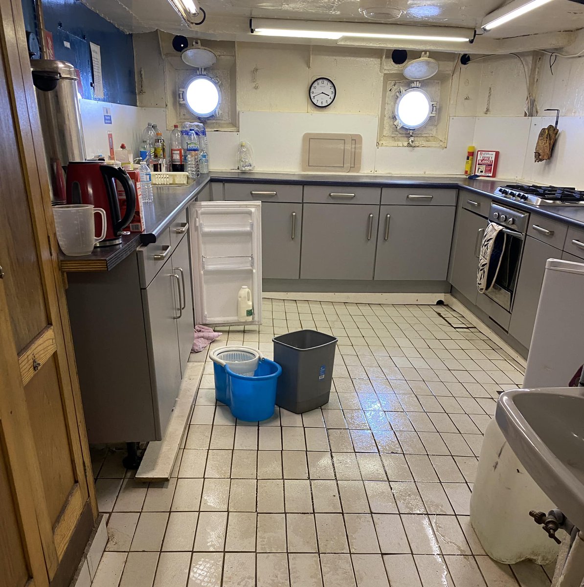 Heavy rain and Ross Revenge aft deck is so thin in places we have leaks, hence buckets in the galley! We’ve been patching the leaks but we need to get the ship into dry dock for repairs. Info on Ross Revenge Dry Dock Appeal Crowdfunder and donations at rossrevenge.com