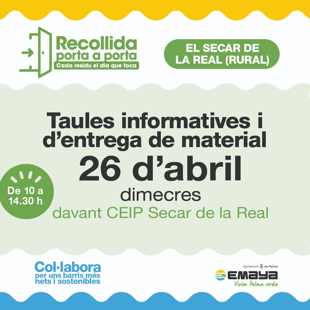 Toc-toc! 👋Vius a El Secar de la Real (Rural)?

La recollida selectiva arriba a ca teva!🚪

🗣️Informa-te'n i recull el material a la taula d'<a href="/EMAYA_Palma/">EMAYA</a> dia 🗓️ 26 d'abril a davant el CEIP Secar de la Real