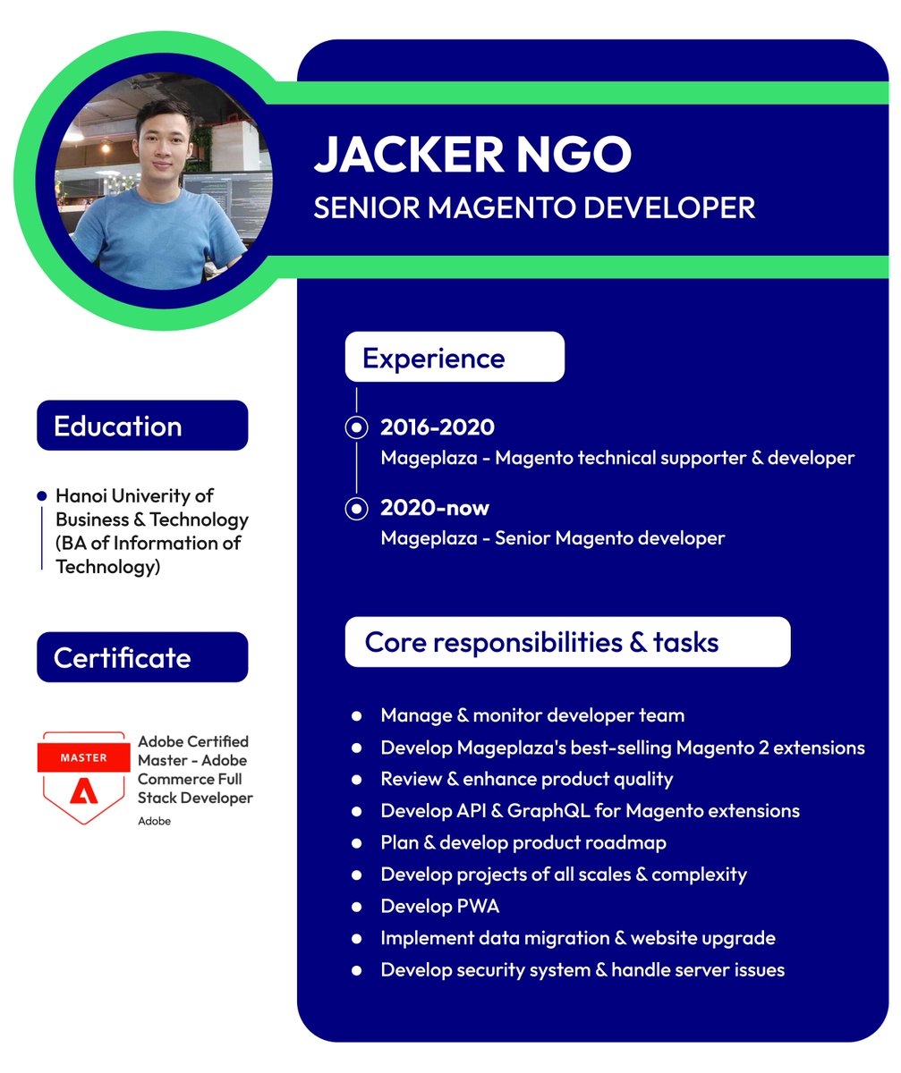 mageplaza's tweet image. Introducing Jacker, our certified Magento dev who can "magento" anything happen!👨💻
With his experience, he's the magician to turn your e-commerce dreams into reality.
Contact him and watch your sales skyrocket like a magic wand!👉bit.ly/3mp220Q
#hireMagentodeveloper