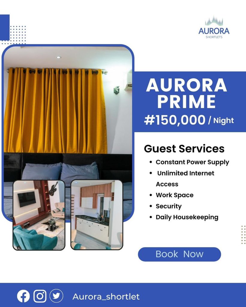 AuroraShortlet's tweet photo. Experience the best of both worlds with our Shortlet apartments - comfort and convenience

Book now and start living.
Send us a dm or click on the link on our bio to book https://t.co/J3aUV8v8c9