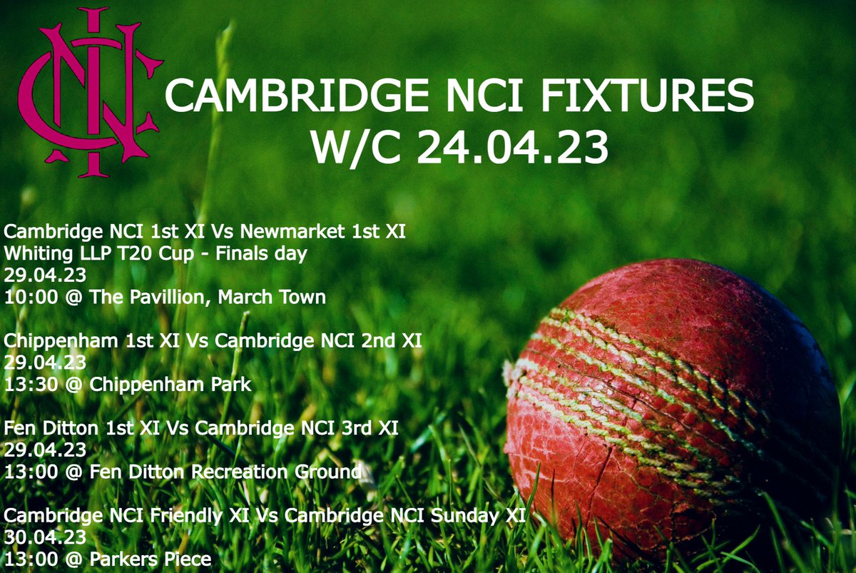 NCI fixtures to look forward to this weekend 😍
<a href="/newmarket_cc/">Newmarket Cricket Club</a> <a href="/chippenhamcamcc/">Chippenham CC</a> <a href="/fendittoncc/">Fen Ditton CC</a> 
<a href="/Cambridge_Blue/">The Cambridge Blue</a> 
#cricket #cambridge #cricketlover