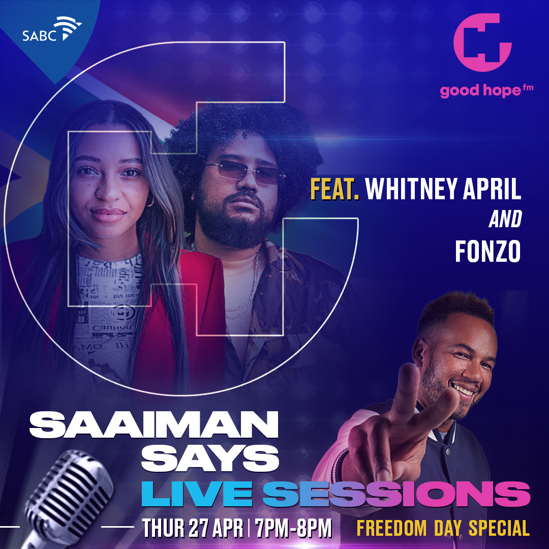 GoodHopeFM's tweet photo. Join @chadsaaiman for a special #FreedomDayEdition of #SaaimanSaysLiveSessions on the 27th as he interviews the phenomenal #WhitneyApril & @OfficialFonZo they get to sing some of their hits! at SABC SeaPoint 🎙️📻
email marketing@marketing@goodhopefm.co.za #capetownsoriginal😎 https://t.co/WOzQAgY3IF