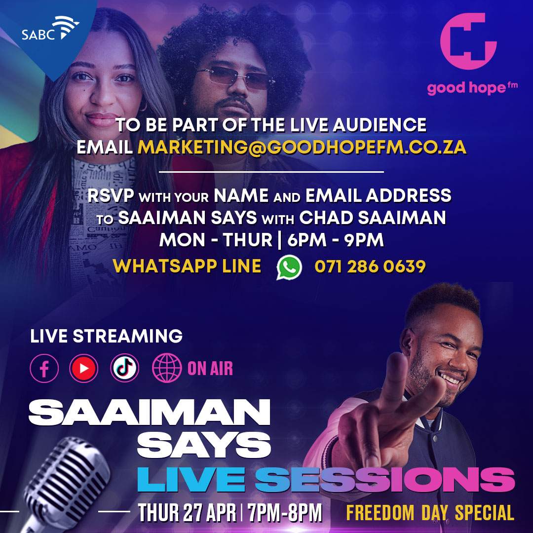 GoodHopeFM's tweet photo. Join @chadsaaiman for a special #FreedomDayEdition of #SaaimanSaysLiveSessions on the 27th as he interviews the phenomenal #WhitneyApril & @OfficialFonZo they get to sing some of their hits! at SABC SeaPoint 🎙️📻
email marketing@marketing@goodhopefm.co.za #capetownsoriginal😎 https://t.co/WOzQAgY3IF