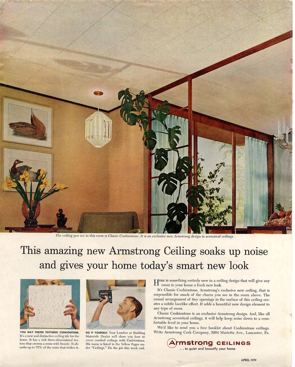 LRonLacy's tweet photo. In #APRIL 1959
‘This Amazing new Armstrong Ceiling soaks up noise and gives your home today’s smart new look’
Armstrong Ceilings. April 1959.
#interiordesign #interiordecoration #suspendedceiling #acousticalceiling https://t.co/o5xBvqfT5F