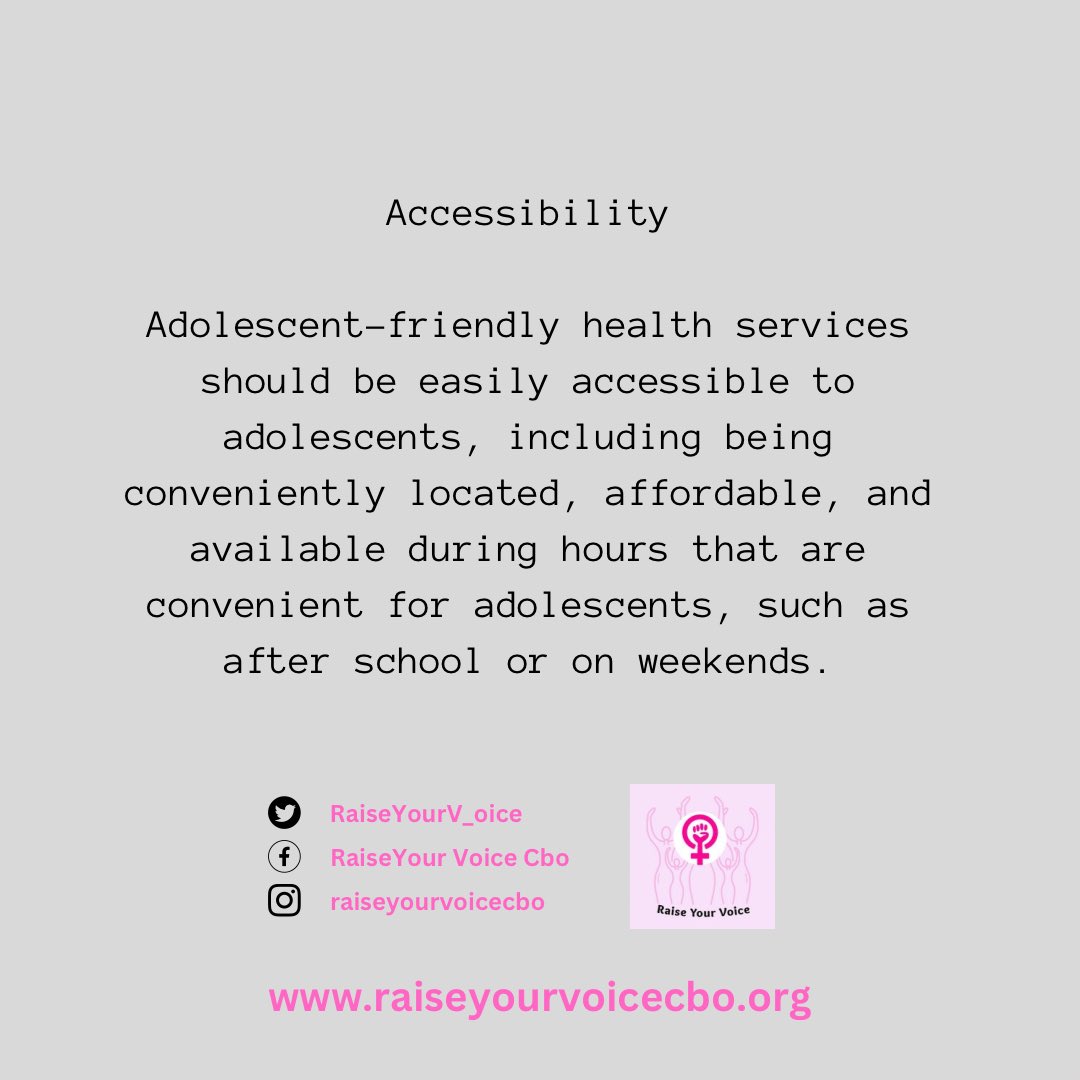 RaiseYourV_oice's tweet photo. Adolescent-friendly health services should be easily accessible to adolescents, including being conveniently located, affordable, and available during hours that are convenient for adolescents, such as after school or on weekends.

#RaiseYourVoice #AYFHS #AFS https://t.co/qCSPPuhtSn