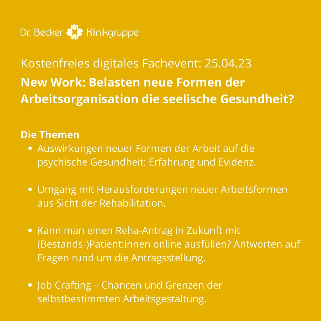 DrBeckerKlinik's tweet photo. Heute ist es so weit: Unser digitales Fachevent findet wieder statt.
Sie können sich über diesen Link weiterhin anmelden: https://t.co/BIMmMBAsfU 😊
#fachevent #newwork #psychologie #psychotherapie #psychotherapeut #psychotherapeutin #jobcrafting #arbeitsform #reha https://t.co/fZCZnPoNXC