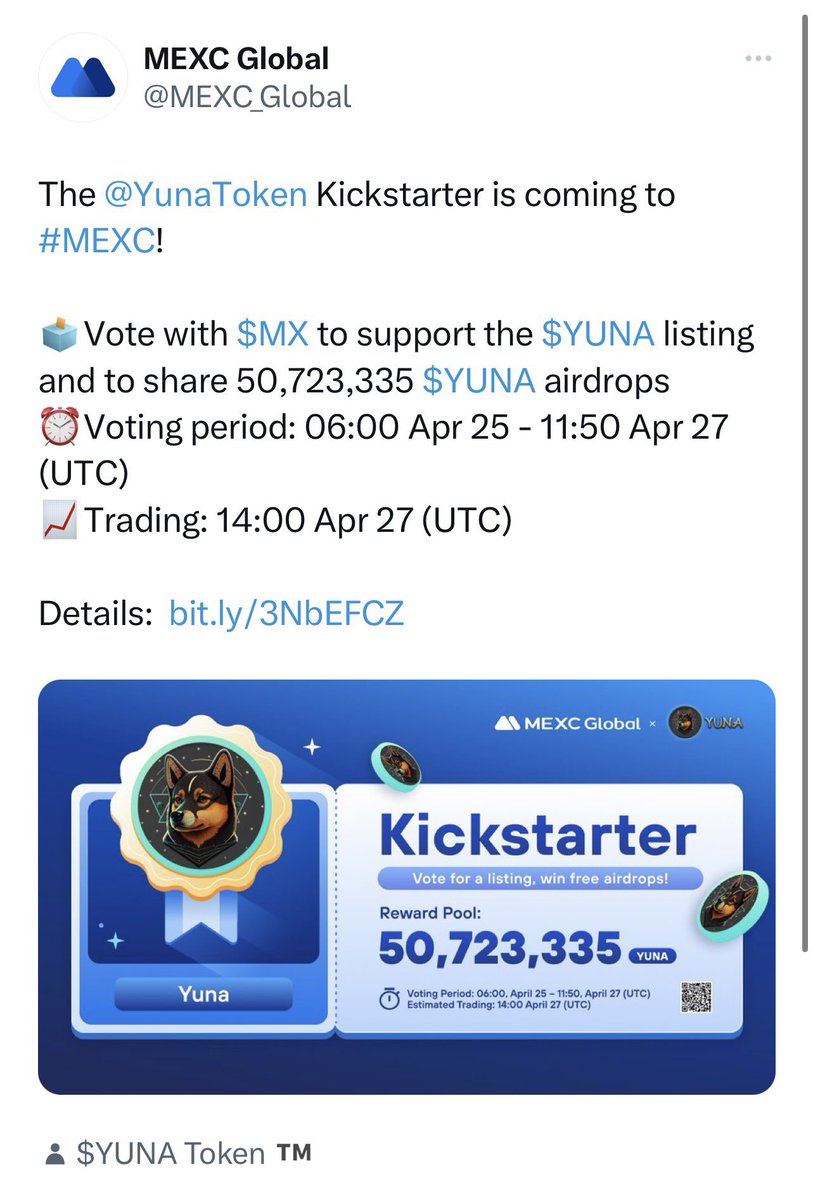 0xKevlar's tweet photo. Whoaa Bullish News For $YUNA

I first called this at 2 Million MC now sitting at 5M after ATH of 11M MC 🔥✊🏻

Mexc just announced that $YUNA will be listed on the 27th! 

Team has been grinding hard since launch. 

The teams marketing is built different and they have shared that there is a huge mainstream marketing push coming with the listing. 🤯

The biggest marketing campaign $YUNA has seen yet.

Great entry at 5m ATH 11m, I don't think we will see these levels again, easily see this going ath and beyond very soon.

Proud of the $YUNA team and the YUNARMY they are built different 👀