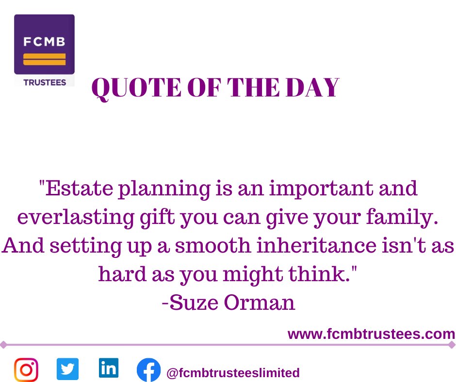 fcmbtrustees's tweet photo. Thinking of giving your family a gift?
Think Estate Planning.
Contact us Today!
#estateplanning #fcmbtrustees https://t.co/drJD1czLDJ