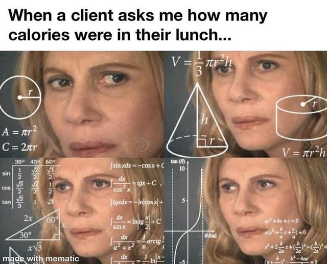 RemotePts's tweet image. &quot;When your client expects you to be their personal calorie calculator 🤯🍽️😂 #personaltrainer #personaltrainerlife #personaltraineronline #gymmemes