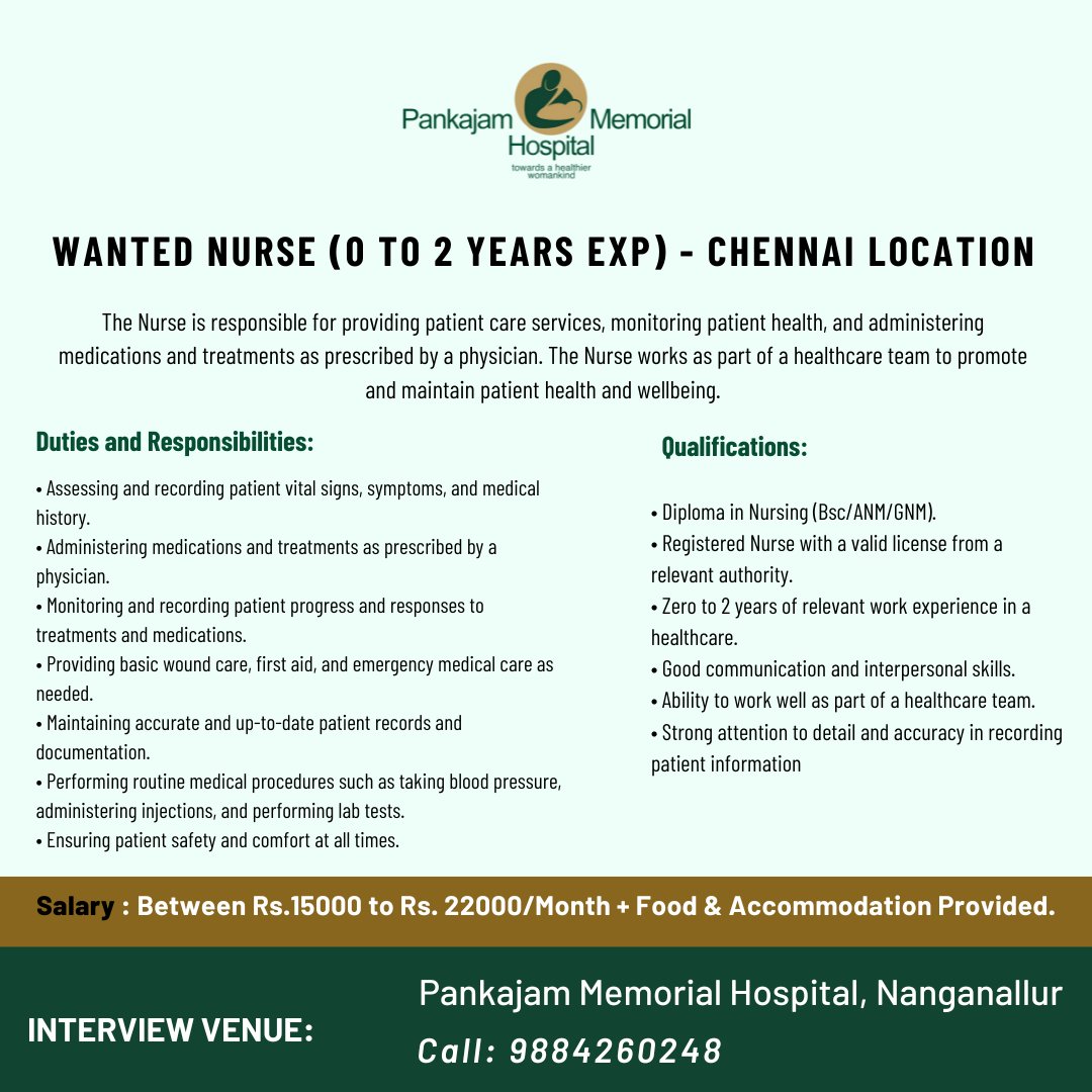 pmhdigital's tweet photo. Wanted Nurse (0 to 2 years Exp) - Chennai Location

Qualifications:
• Diploma in Nursing (Bsc/ANM/GNM).

Salary:

Between Rs.15000 to Rs. 22000/Month + Food &amp; Accommodation Provided.

Interview Venue: Pankajam Memorial Hospital, Nanganallur.

Call: 9884260248 https://t.co/4BfqCw7WgR