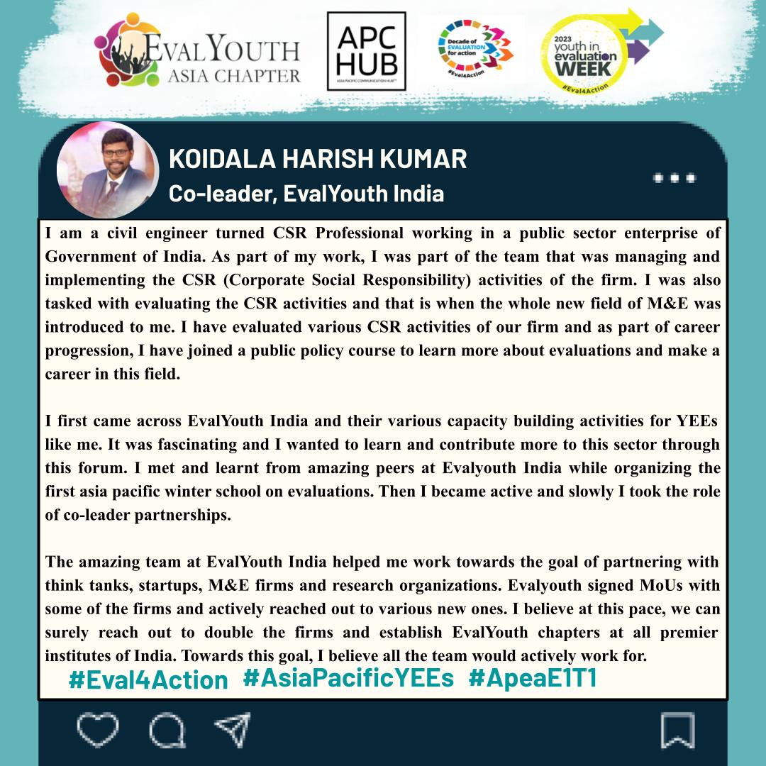 'Change is inevitable! 
See how @harishkoidala, co-leader of EvalYouth India has changed his journey'

#APCHub #Eval4Action #YouthInEvalWeek #AsiaPacificYEEs @EvalyouthAsia @unfpa_eval @Eval_Youth @APEAeval
