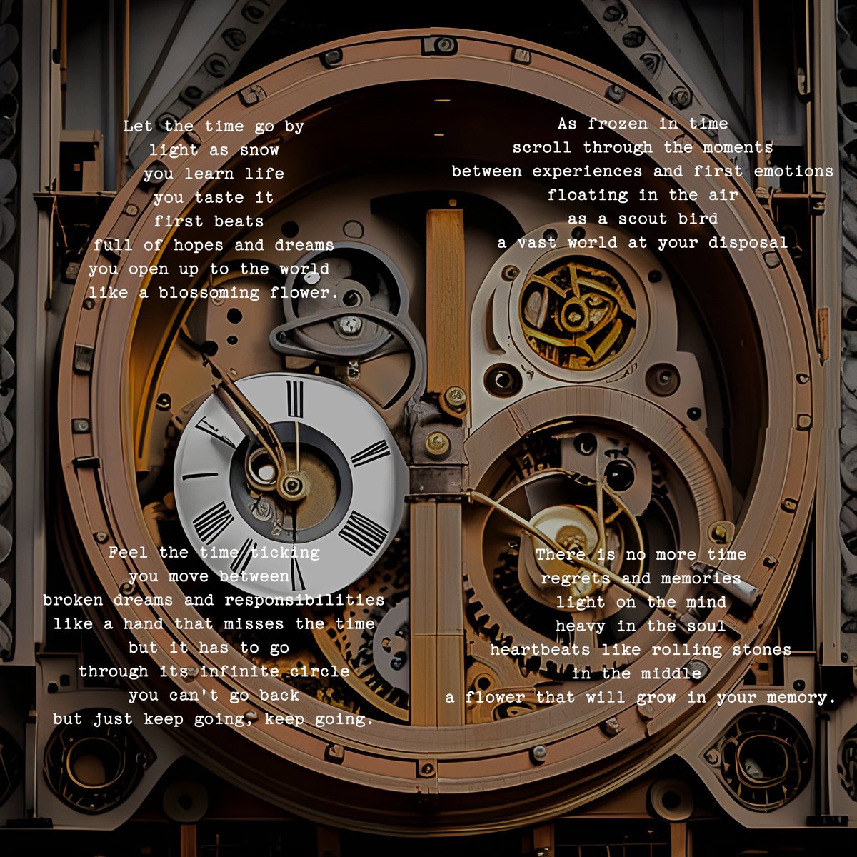 🧵
My latest work is "Time",
4 poems representing 4 periods of life.
United together, they form a single image, representing the mechanism of a watch. 
4 periods, one life.

4 editions - 2 xtz for each poem

Link and detail:⬇️

#TEZOSTUESDAY #tezosArts