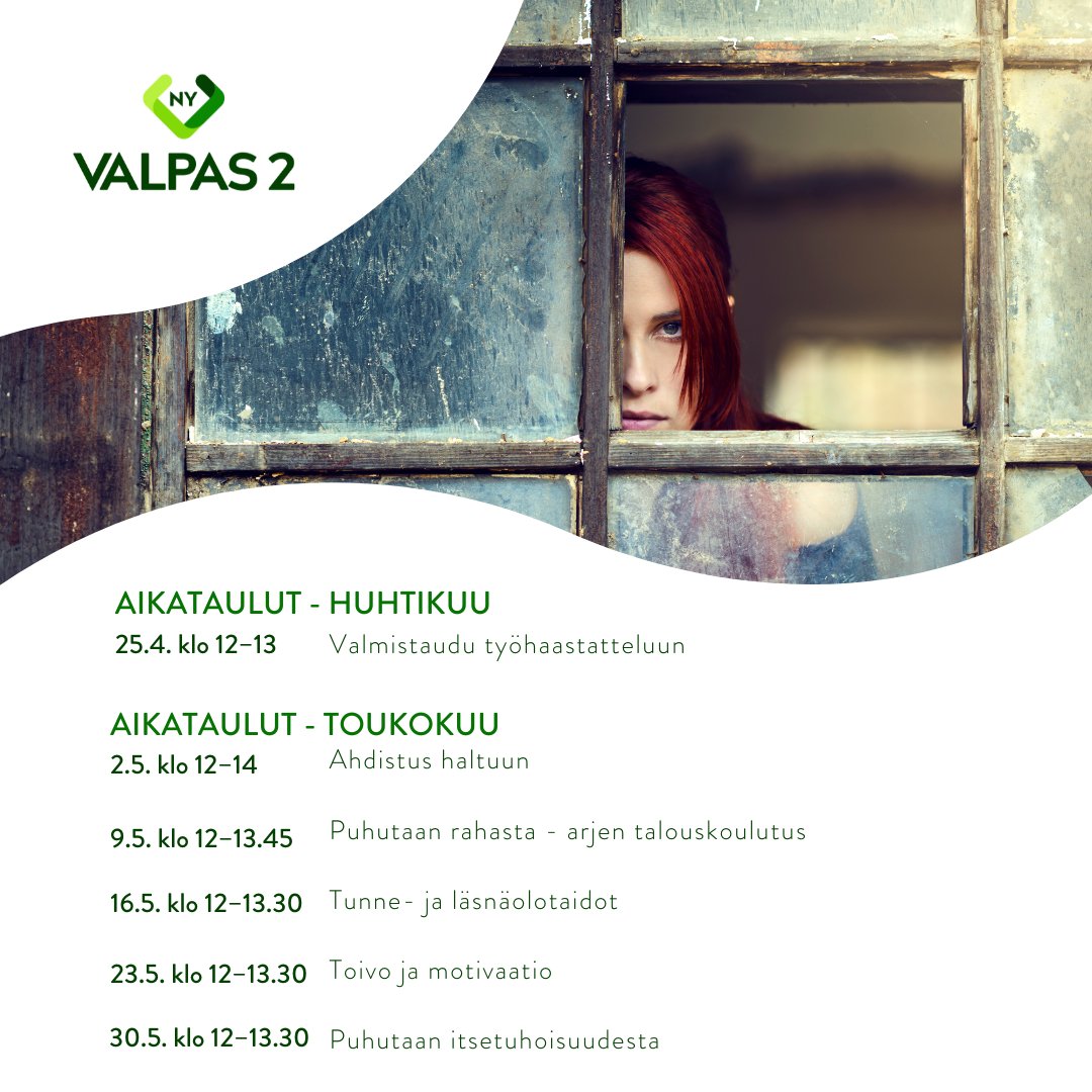 Tule mukaan VALPAS 2 - Minä muutoksen mahdollistajana -verkkotilaisuuksiimme huhti-toukokuussa! Asiaa mm. työllistymisestä, taloudenhallinnasta sekä tunne- ja läsnäolotaidoista. Tilaisuuksissa kuuluu ammattilaisten ja kokemusasiantuntijoiden ääni.

👉nuortenystavat.fi/valpas-2/