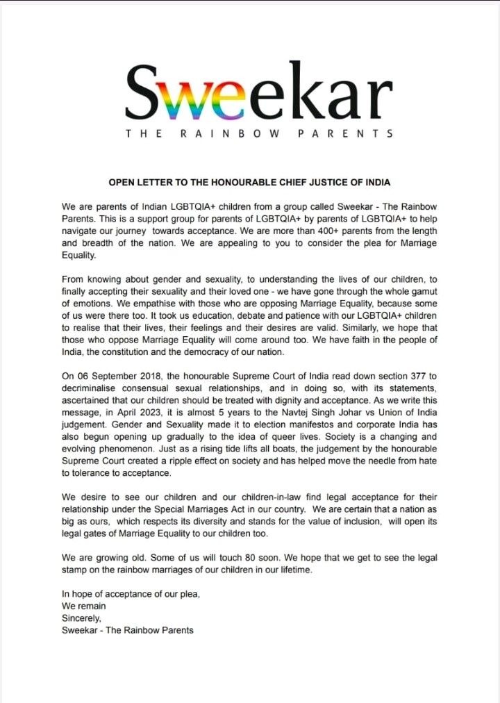 KSF_IN's tweet photo. "We hope that we get to see the legal stamp on the rainbow marriages our children in our lifetime." Showing their support, Sweekar-The Rainbow Parents group has written an open letter to our Hon'ble CJI desiring the legal acceptance of #SameGenderMarriages and #SameSexMarriages https://t.co/gLWx5hmRuV