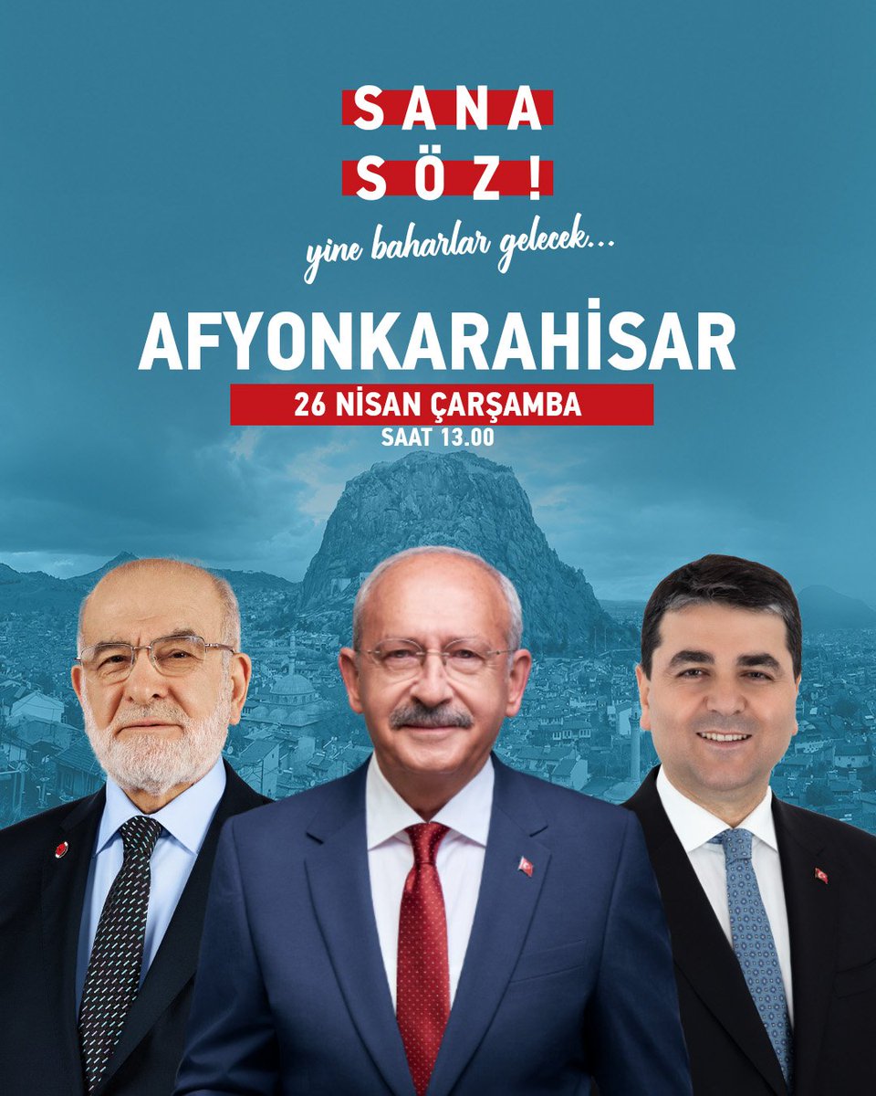 Cumhurbaşkanı Adayımız Sayın Kemal Kılıçdaroğlu <a href="/kilicdarogluk/">Kemal Kılıçdaroğlu</a> ve Saadet Partisi Genel Başkanı Sayın Temel Karamollaoğlu <a href="/T_Karamollaoglu/">Temel Karamollaoğlu</a> ile birlikte 26 Nisan Çarşamba günü, Baba Ocağım Afyonkarahisar'dayız.

Tüm Afyonkarahisarlı hemşehrilerimizi bekliyoruz.