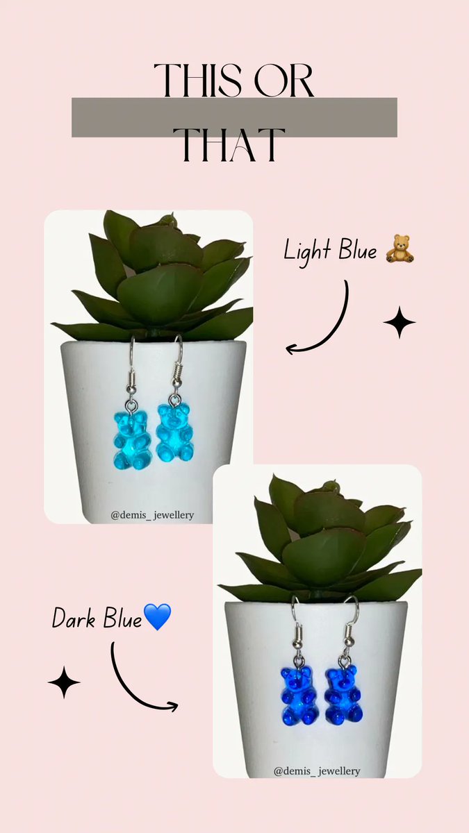 It’s this or that Tuesday!!!✨

todays choice is light blue gummies? Or dark blue gummies?🧸💙
comment below your answer! 

Find them here:

buff.ly/40xq5J5

buff.ly/3LqWEEo

#Thisorthat #Thisthat #tuesday #SmallBiz #smallbusiness #poll #gummybear #earrings