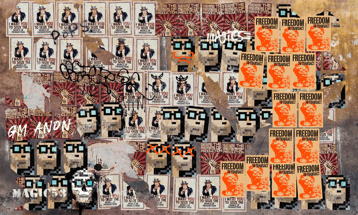 Wheat Paste #2 was the second in the Wheat Paste series and the 7th Spread the Memes drop. It introduced the fourth card from 6529's 'The Memes by 6529' - 'Nakamoto Freedom'. As time passes the wall is vandalised and deteriorates.