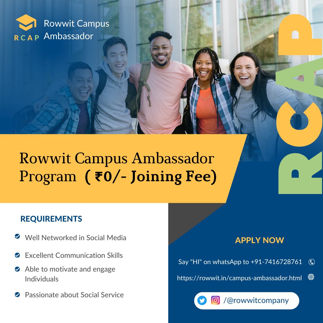 Rowwitcompany's tweet photo. #RowwitCampusAmbassador program made INR 0.00 as joining fee. Become the RCAP Member and make your skills effective and secure your pockets with incentives. Apply Now 👉 https://t.co/qKvMmMVDEn https://t.co/jcmH5fc4WR
