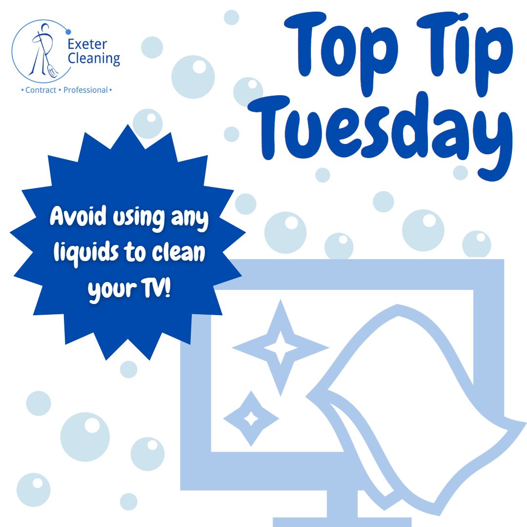 exetercleaning's tweet photo. Our latest #TopTipTuesday installment to help make your life simpler when cleaning your homes! ✨

Avoid using any liquids to clean your TV if you want to avoid streaks and damage. https://t.co/cHhh59Ndvx