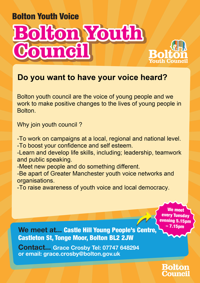 Bolton Youth Council is a diverse group of young people aged 13-19 working to make sure that young people are able to shape and influence decisions in the Borough of Bolton. Please see the flyer for more info and details on how to become involved 👇 #youthleadership #getinvolved