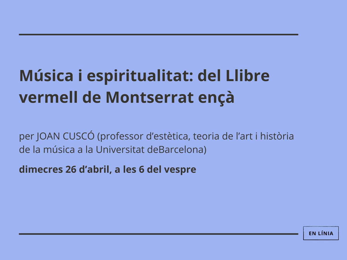 ElPregoRevista's tweet photo. Recordem que demà, 26 d'abril, Joan Cuscó (UB) ens parlarà de "Música i #espiritualitat: del Llibre vermell de Montserrat ençà". Us hi esperem! Conferència en línia: https://t.co/2xRrtVe6eB https://t.co/mx9hFafI6k