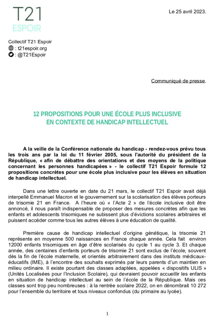T21Espoir's tweet photo. ‼️A la veille de la Conférence nationale du #handicap (#CNH) nous proposons 1️⃣2️⃣ mesures très concrètes pour rendre l’école plus inclusive pour les élèves en situation de handicap intellectuel. N’hésitez pas à partager ! 👉🏻https://t.co/g4XoBR3DJs #trisomie21 #TSA #écoleinclusive https://t.co/zwbquV8g9N