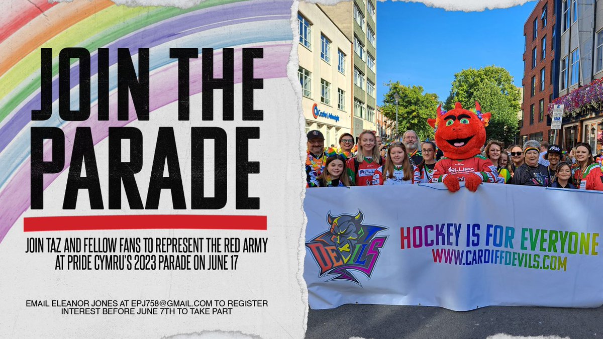 cardiffdevils's tweet photo. 𝗥���𝗣𝗥𝗘𝗦𝗘𝗡𝗧 𝗧𝗛𝗘 𝗗𝗘𝗩𝗜𝗟𝗦 𝗔𝗧 𝗧𝗛𝗜𝗦 𝗬𝗘𝗔𝗥’𝗦 𝗣𝗥𝗜𝗗𝗘 𝗣𝗔𝗥𝗔𝗗𝗘 😈🏳️‍🌈

Join @PrideCymru, Taz, and your fellow Devils family at this year’s parade through Cardiff City Centre on Saturday, 17 June! 

#HockeyIsForEveryone https://t.co/qlFx2CccUO