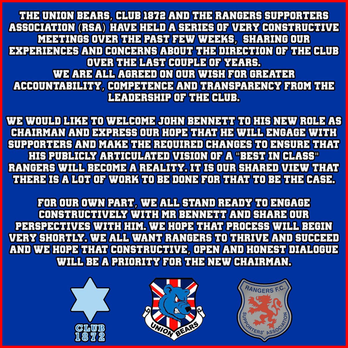 Joint statement from the Union Bears, Club 1872 and the Rangers Supporters Association