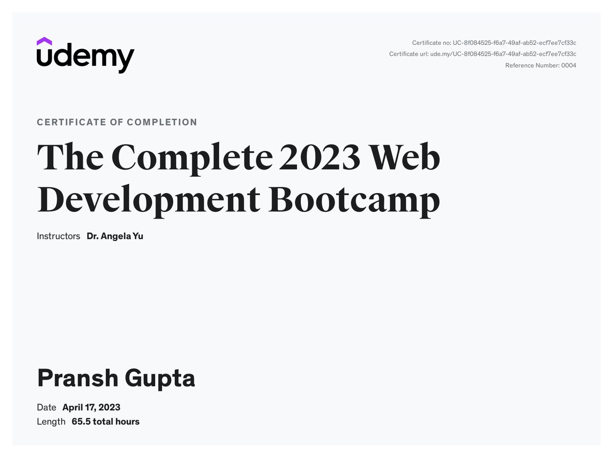 Pransh1808's tweet photo. I’m happy to share that I’ve obtained a new certification: The Complete 2023 Web Development Bootcamp from Udemy. @SCSETBennett https://t.co/eNeo3WllCV