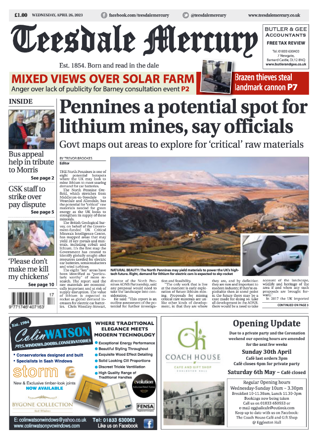 North Pennines could be a hotspot for lithium mines in the global race to secure enough of the raw material to make car batteries – the Government has included it in a map of places to explore for critical minerals for a high-tech future. teesdalemercury.co.uk/perma_link/6380
