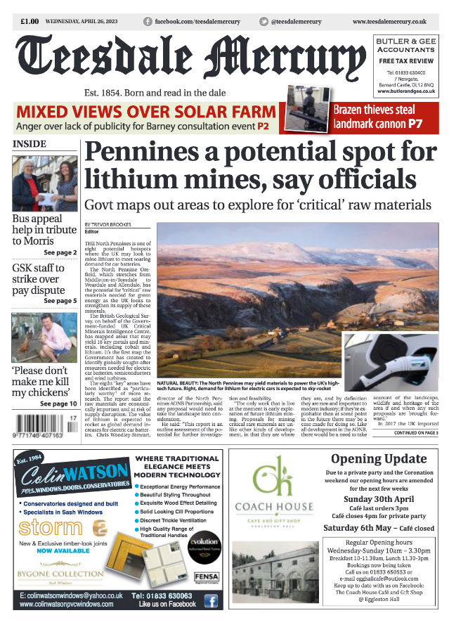 North Pennines could be a hotspot for lithium mines in the global race  to secure enough of the raw material to make car batteries – the  Government has included it in a map of places to explore for critical minerals for a high-tech future. teesdalemercury.co.uk/perma_link/6380