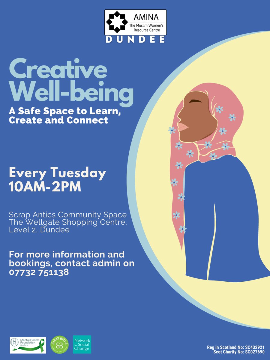 AminaMWRC's tweet photo. #Amina #Dundee's Creative Well-being sessions will continue TOMORROW from 10-2PM with our creative prints #skillsshare session & ongoing #tapestry project! β¨
For more information and bookings, please contact 07732 751138.
#creativewellbeing #mentalhealth #prints #creative https://t.co/HF6xnm2MXw