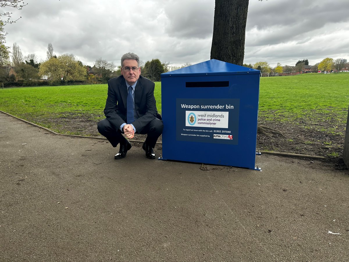 Next he moves on to the latest knife bin @SimonFosterPCC has installed in Willenhall. He says: 'Walsall is the latest place in the West Midlands to benefit from a new weapon surrender bin.