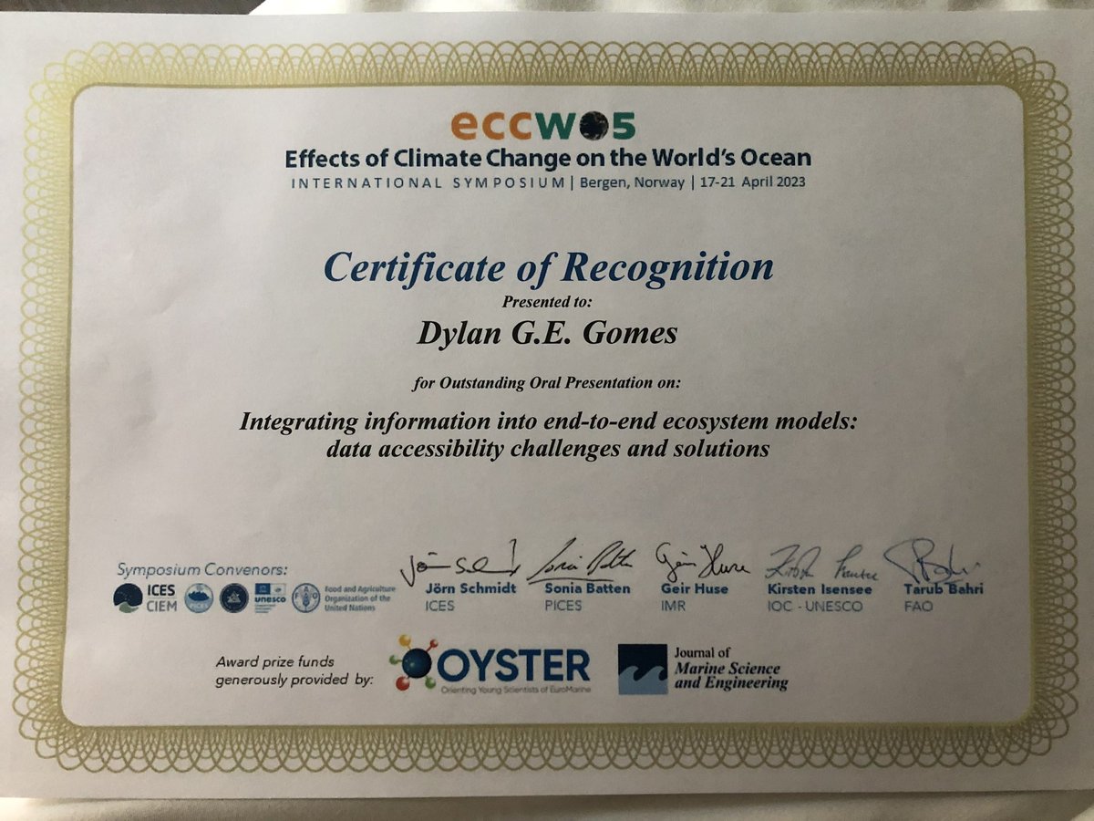 “Where are you gonna be in 2100 when someone wants your data?” 

We’re so stoked for (twitterless) postdoc Dylan Gomes, who received an award for his outstanding talk on #OpenData for ecosystem models at @eccwo ! Check out his talk here: youtu.be/0wP-PGgxOos?t=… #ECCWO5