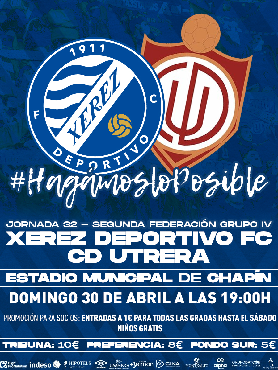 CARTEL 🔵 | #XerezUtrera 

 🗓️ Domingo 30 de abril
🆚 <a href="/UTRERACD/">C.D. Utrera</a> 
🕖 19:00 
📺 Web Directo   
📻 #XerezDeportivoRadio
🎟️ Promoción: entradas a 1 euro para acompañantes de socios hasta el sábado | Niños gratis

#HagámosloPosible | #SomosUno