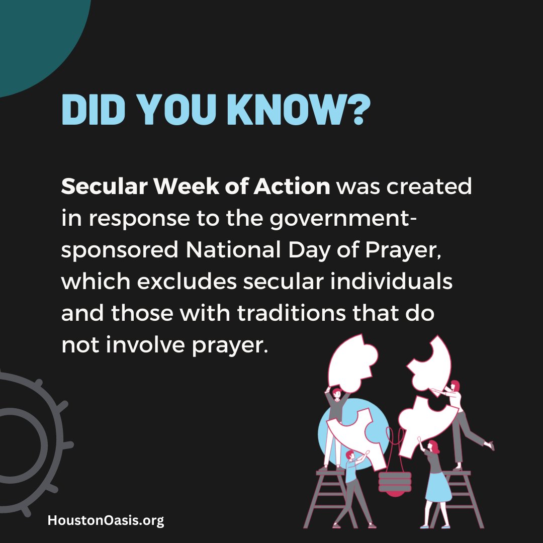 HoustonOasis's tweet photo. The annual #SecularWeekofAction kicks off this Friday! Did you know it began as a response to the National Day of Prayer? Join us in ethical action and collaboration as we host 6 events in #Houston. #WeekofAction #SecularAction #SecularValues https://t.co/laZiLTRE82