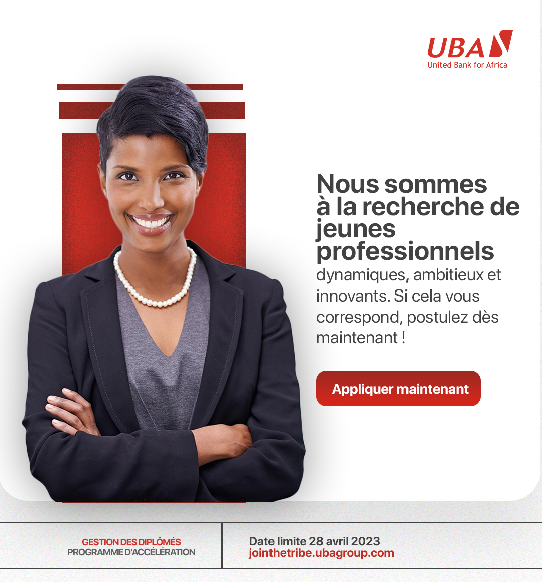 ubacameroon's tweet photo. Vous รชtes jeune ร la recherche d'expรฉriences professionnelles ?
@UBAGroup vous donne l'opportunitรฉ de rejoindre son #programme de #formation #UBAGMAP (#UBA Graduate Management Accelerated Program).
Postulez !
๐ https://t.co/oqDJfElxJb
๐๏ธ 28 Avril 2023.
#AfricasGlobalBank https://t.co/cHpxeK2a7z