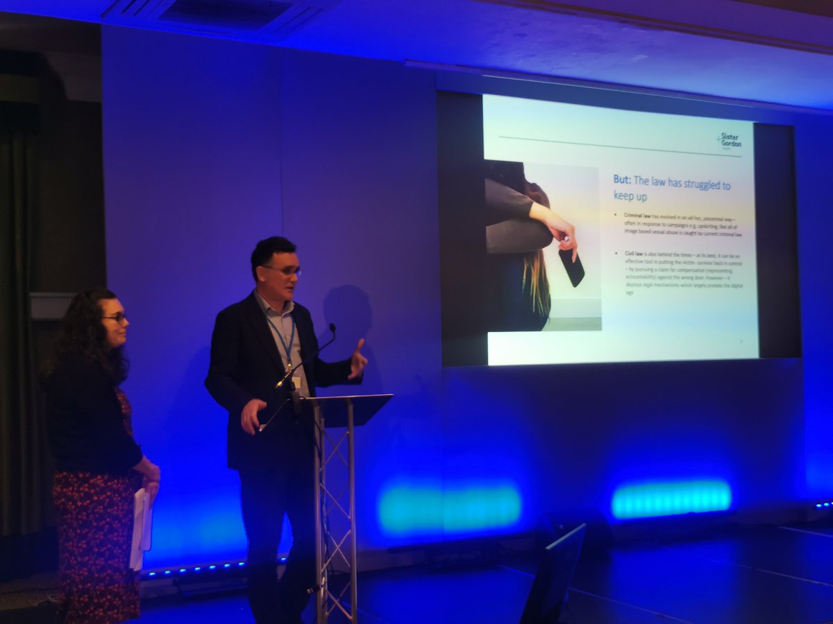 StmarysSARC's tweet photo. The Law has struggled to keep up in the digital age. Richard Scorer and Kim Harrison of @SlaterGordonUK are outlining legal remedies for abuse in the modern day. #stmarysconf23 https://t.co/IWkKxcdKBT