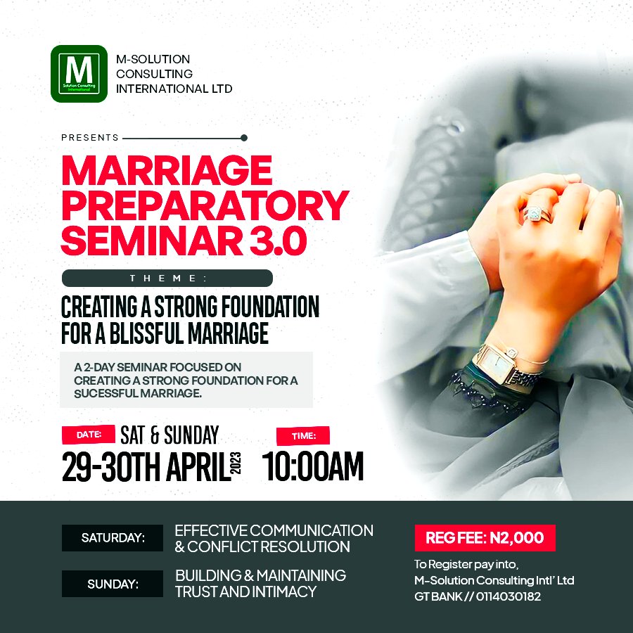 Msci_consult's tweet photo. You prepare for every important things in your life, why won't you prepare for marriage?

Register today and send us a DM for confirmation!

Secure your spot now! https://t.co/UZCdje5uQJ