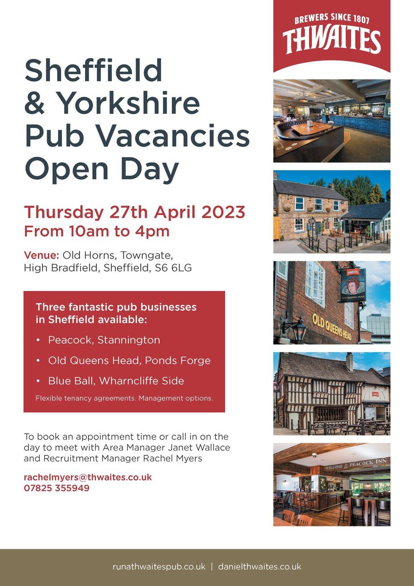 Join us at our next open day where we'll be showcasing three fantastic pub business opportunities in Sheffield!

• Peacock, Stannington
• Old Queens Head, Ponds Forge
• Blue Ball, Wharncliffe side 

For more info, head to runathwaitespub.co.uk