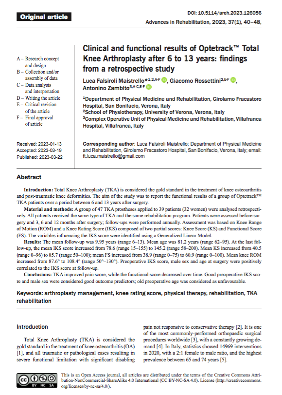 dr_luca_omt's tweet photo. Out of Press in @AdvReha in #OpenAccess
Observational study concerning the clinical and functional outcome of total knee arthroplasty with a 13 years follow-up and conducted by following STROBE guidelines.
https://t.co/QjlxcTG24A
#Rehabilitation 
#arthroplasty 
#tka 
#knee https://t.co/XqosoARkhJ