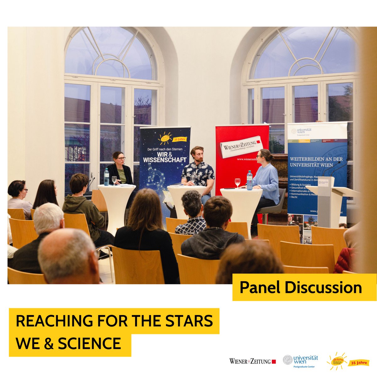 StAnna_CCRI's tweet image. 💫 Fulminant start of the new discussion series "Reaching for the Stars - We & Science"! 🔗Find all information and the videostream of the event with @Martin_Moder here: bit.ly/43T15ie 💛 Thank you to our cooperation partners @WienerZeitung & @PostgraduateVie!