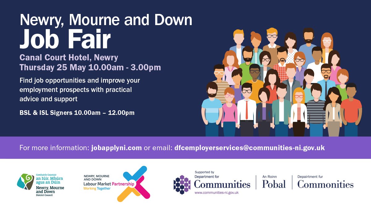 Looking for a change in career? Come along to the NMD LMP Job Fair in <a href="/CanalCourtNewry/">Canal Court</a> on 25th May.
📍10am-3pm
📍Free Event
📍No registration required

Improve your chances of finding a job, speak to local employers and get practical employability advice.
#nmdjobfair
#recruitment