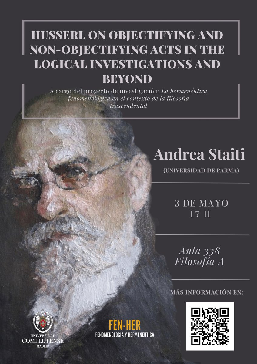 SIFucm's tweet photo. ¡Tenemos otro evento que anunciar! El miércoles de la próxima semana, día 3 de mayo, tendrá lugar una interesante conferencia a cargo del profesor Andrea Staiti, gran especialista en los estudios husserlianos. Adjuntamos el cartel en que se detalla la información. https://t.co/xyNV4OgIVd