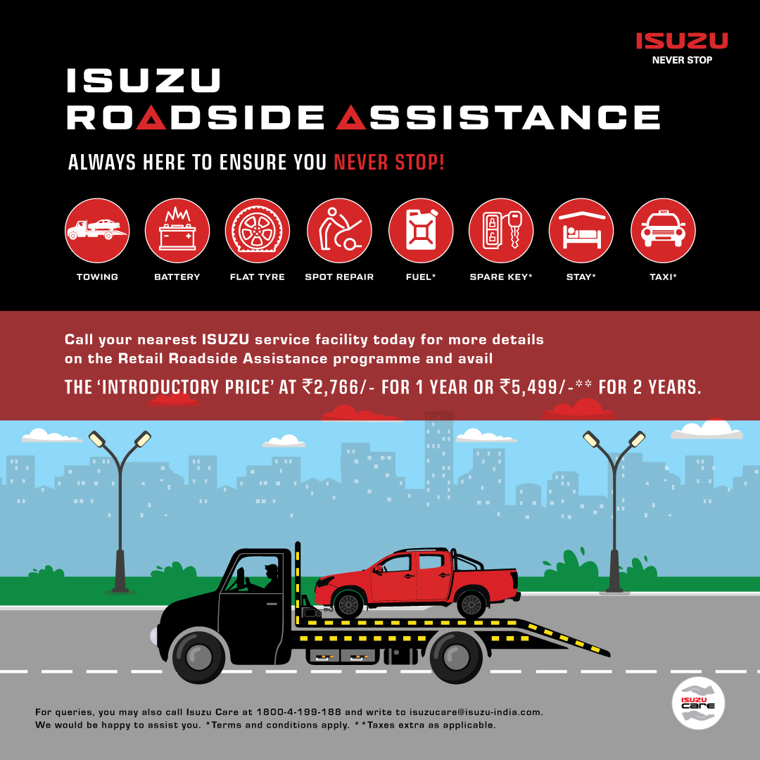 IsuzuIndia's tweet photo. Get Peace of Mind for 4th & 5th year of ownership with Isuzu Retail Roadside Assistance Programme.
Call your nearest dealership today for more details.
#Isuzu #Isuzuneverstop #CaringNeverStops #RetailRSA #PeaceofMind #CustomerDelight #ISUZUIndia #IsuzuDMax #Isuzuscab https://t.co/4OCA9XbMcB