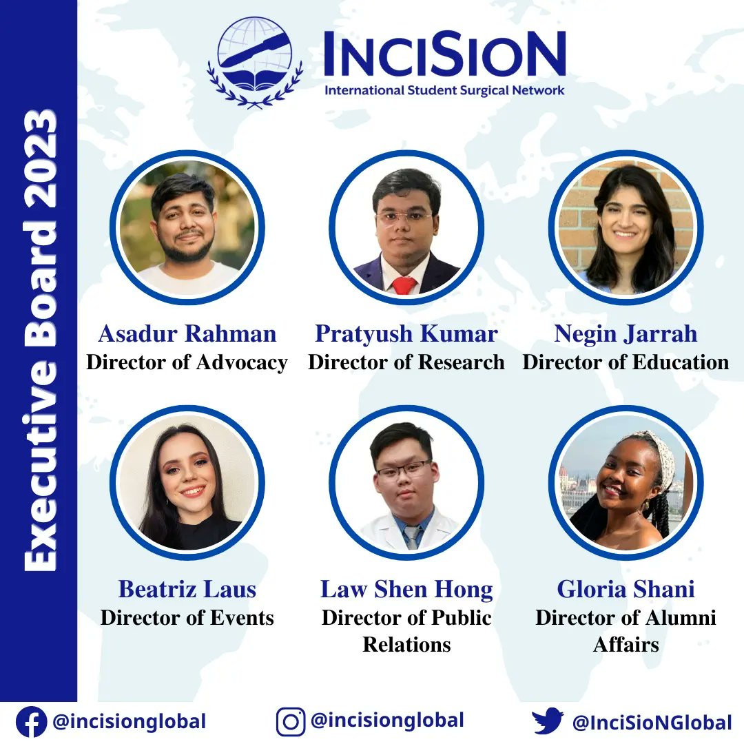 🎉 Join us in welcoming the new Executive Board members of InciSioN Global! 🌟 We look forward to your visionary leadership and unwavering commitment to bring more innovative ideas and impactful initiatives in advancing #globalsurgery. #EB2023 #InciSionGlobal #TheFutureOfTheOR