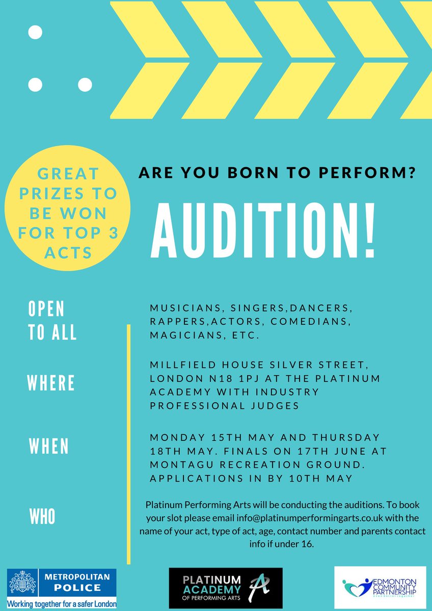 🚨 Auditions have opened for Edmonton's Got Talent! 🚨 To book your place please email info@platinumperformingarts.co.uk with the name of your act, type of act, age, contact number and parents contact info if you are under 16 years old. 📌 The top 3 acts will get prizes!