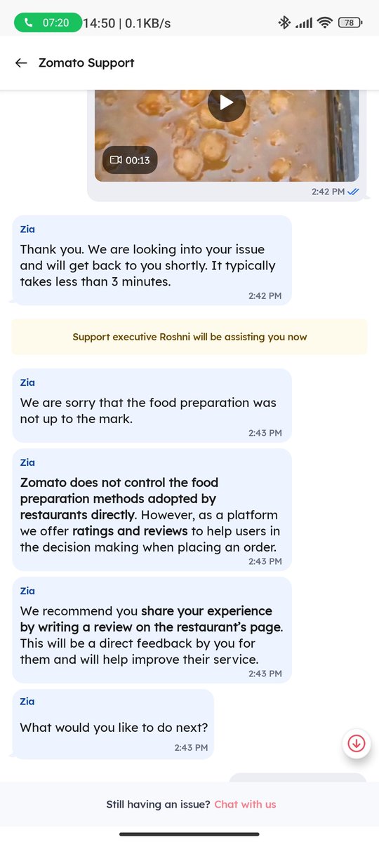 ayushksep's tweet photo. I received non-consumable food it was stinking like drainage water I couldn't eat my food after uploading the video the assistance is this In response 
I wanted my full refund and an action against the restaurant @zomatocare https://t.co/NKZqKklktd